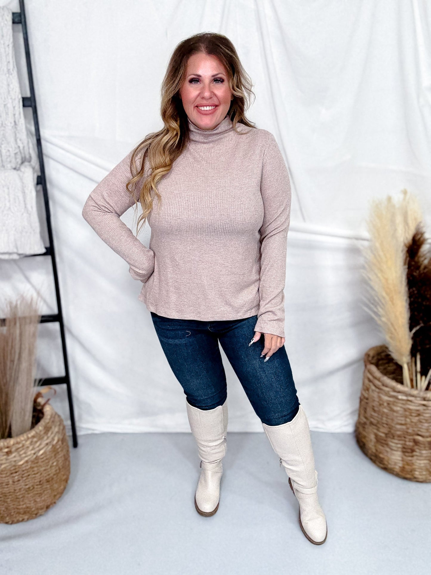 Mocha Shimmer Mock Neck Sweater With Long Sleeves - Whiskey Skies - ENTRO