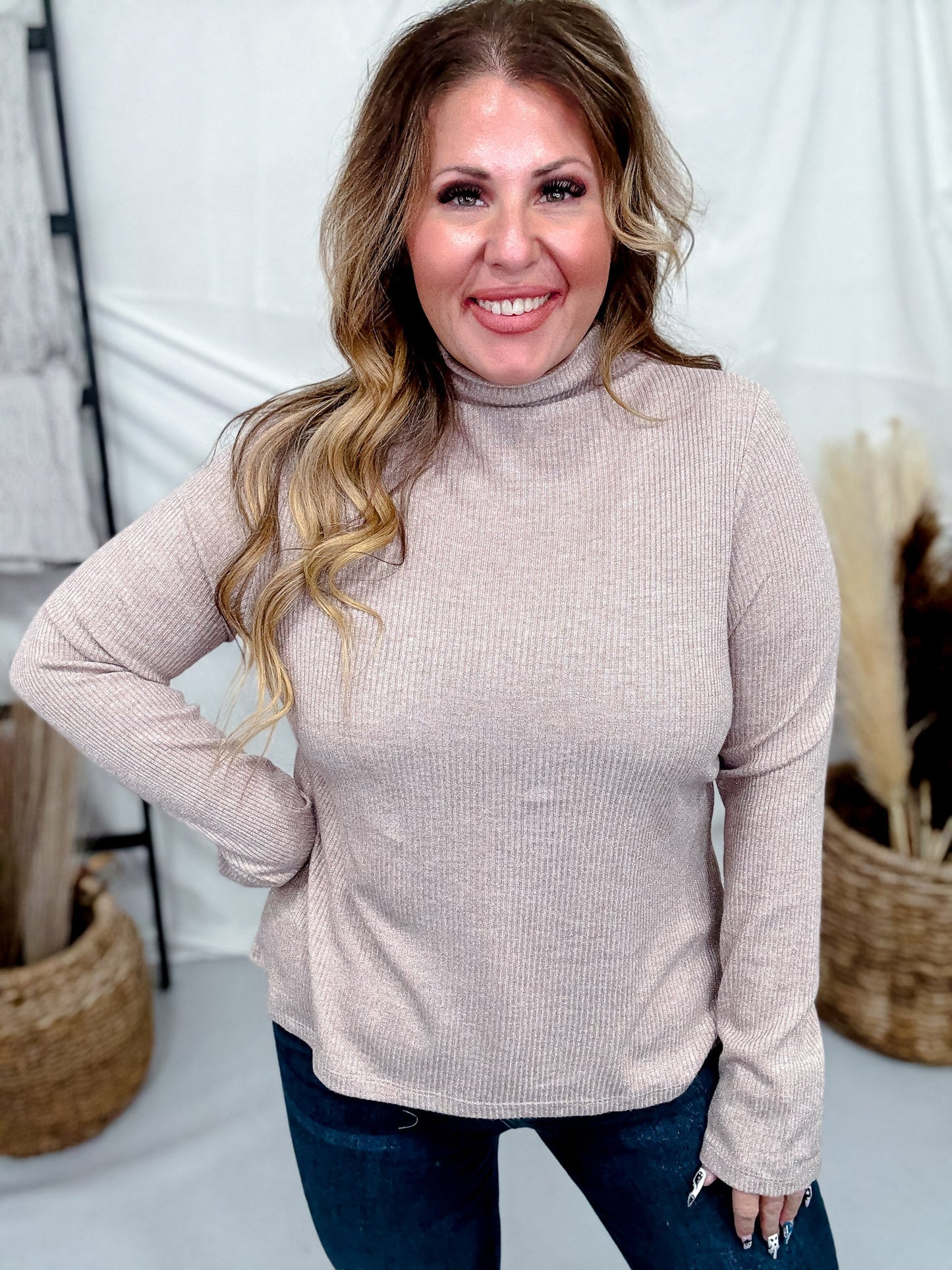 Mocha Shimmer Mock Neck Sweater With Long Sleeves - Whiskey Skies - ENTRO