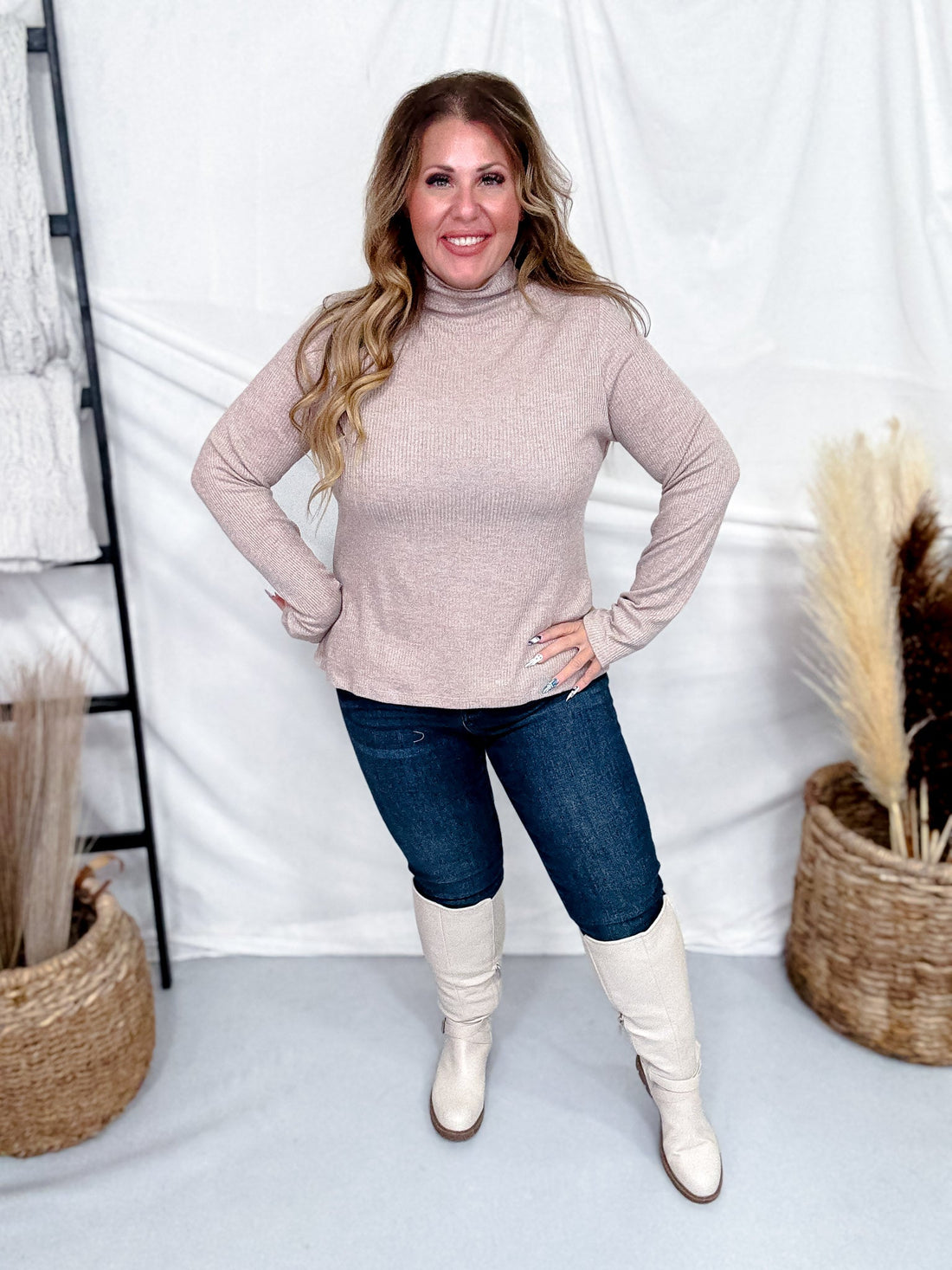 Mocha Shimmer Mock Neck Sweater With Long Sleeves - Whiskey Skies - ENTRO