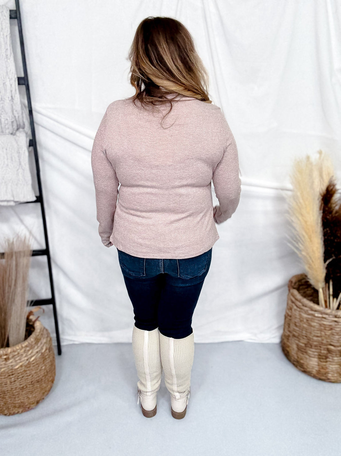 Mocha Shimmer Mock Neck Sweater With Long Sleeves - Whiskey Skies - ENTRO