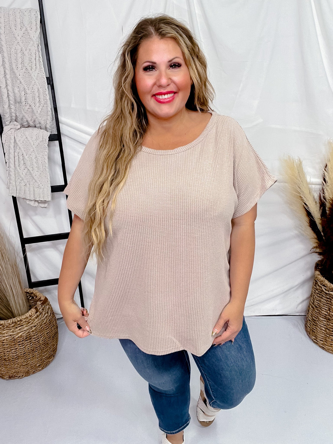 Mocha Short Sleeve Waffle Tunic Top - Whiskey Skies - ANDREE BY UNIT