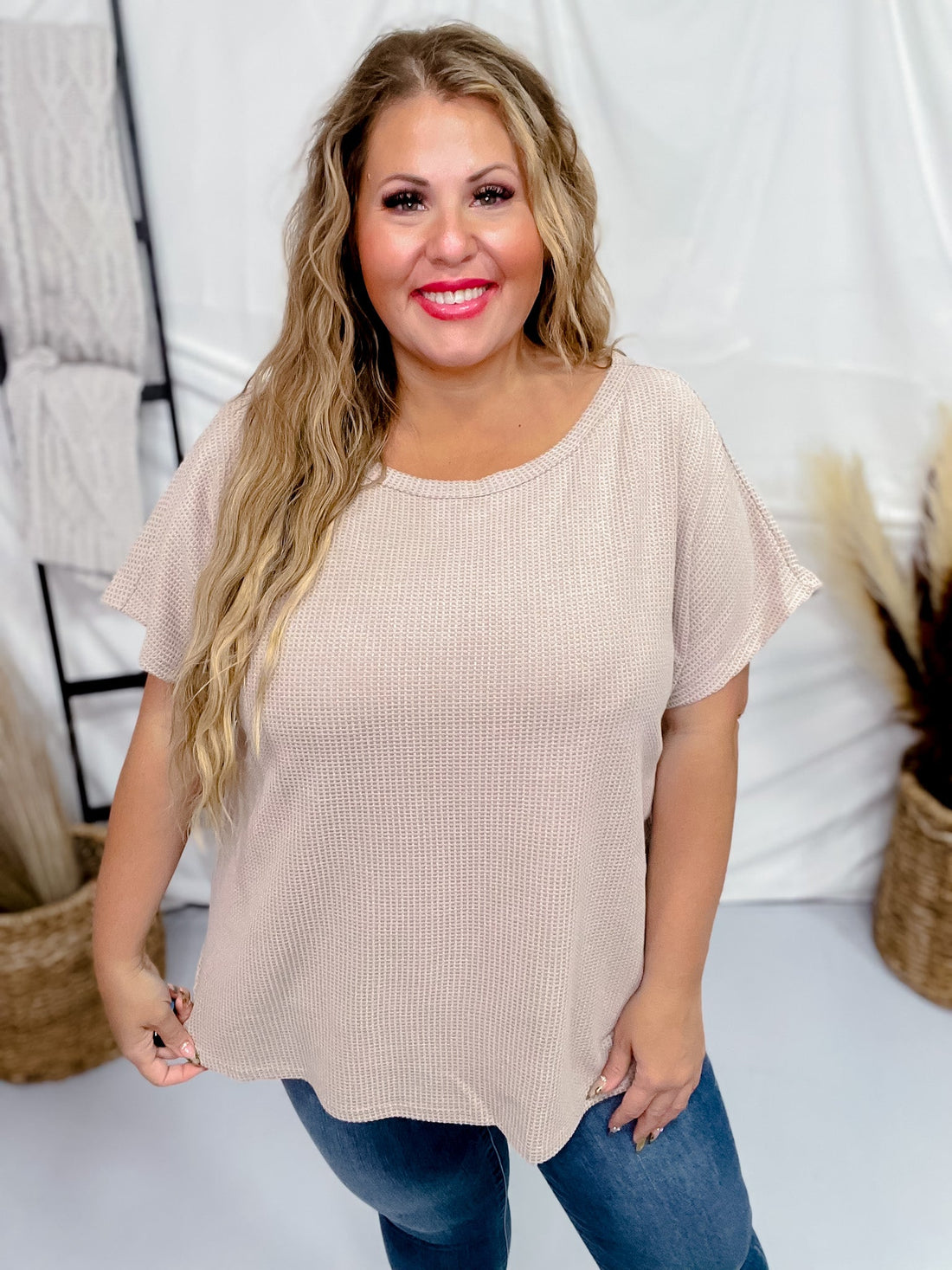 Mocha Short Sleeve Waffle Tunic Top - Whiskey Skies - ANDREE BY UNIT