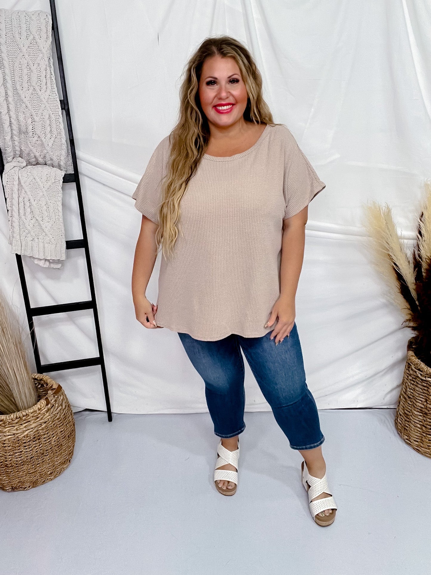 Mocha Short Sleeve Waffle Tunic Top - Whiskey Skies - ANDREE BY UNIT