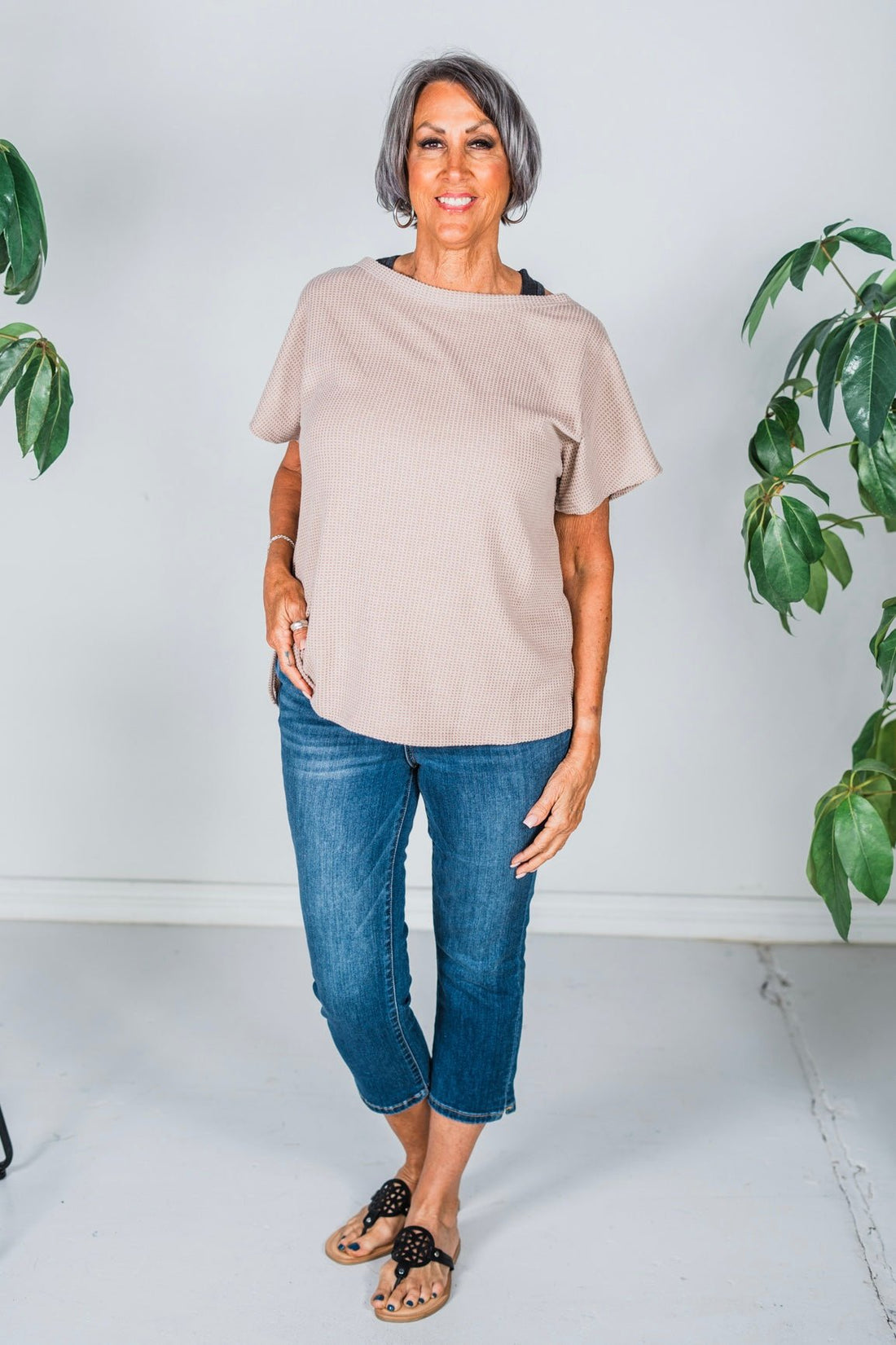 Mocha Short Sleeve Waffle Tunic Top - Whiskey Skies - ANDREE BY UNIT