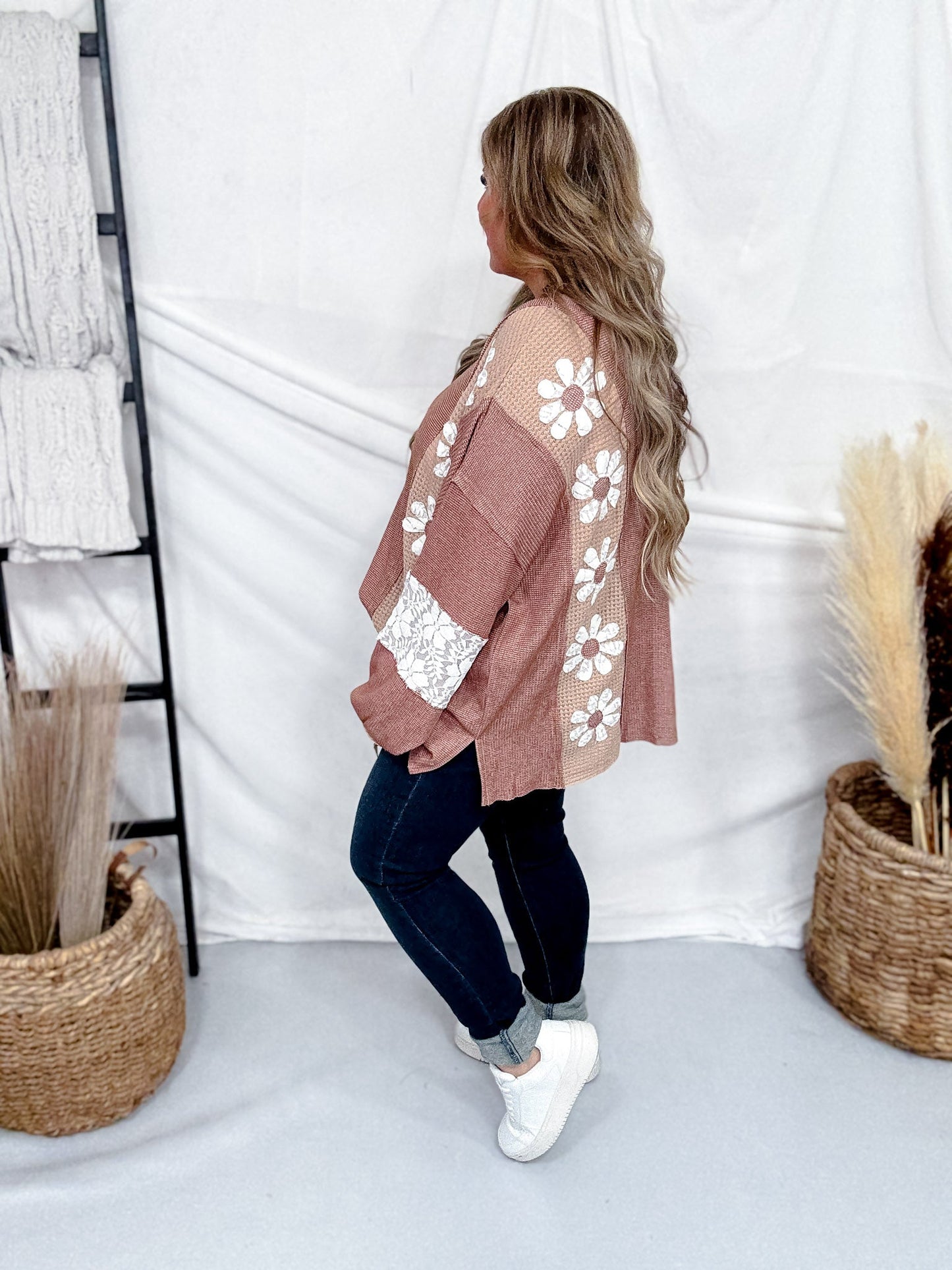 Mocha Waffle Knit Sweatshirt With Floral Lace Panels - Whiskey Skies - DAVI & DANI
