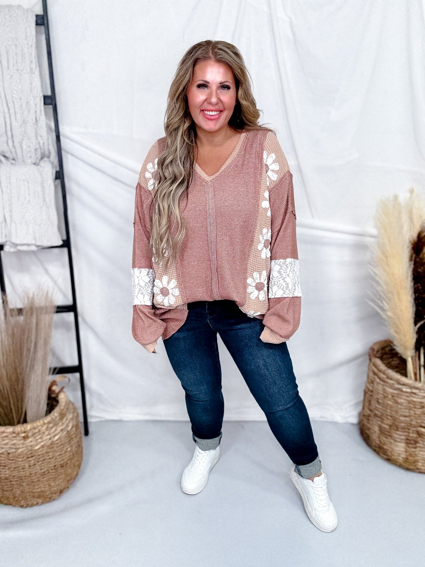 Mocha Waffle Knit Sweatshirt With Floral Lace Panels - Whiskey Skies - DAVI & DANI