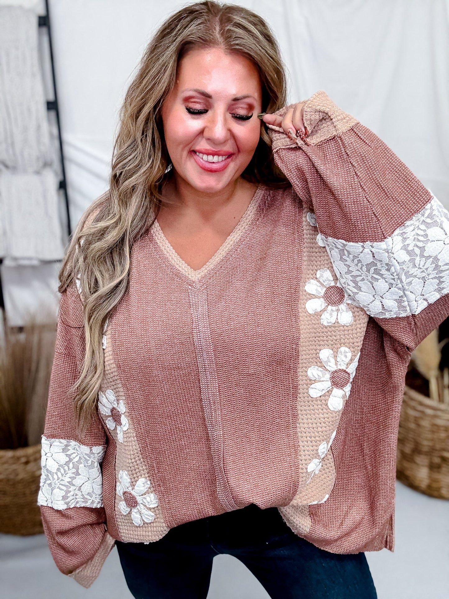 Mocha Waffle Knit Sweatshirt With Floral Lace Panels - Whiskey Skies - DAVI & DANI
