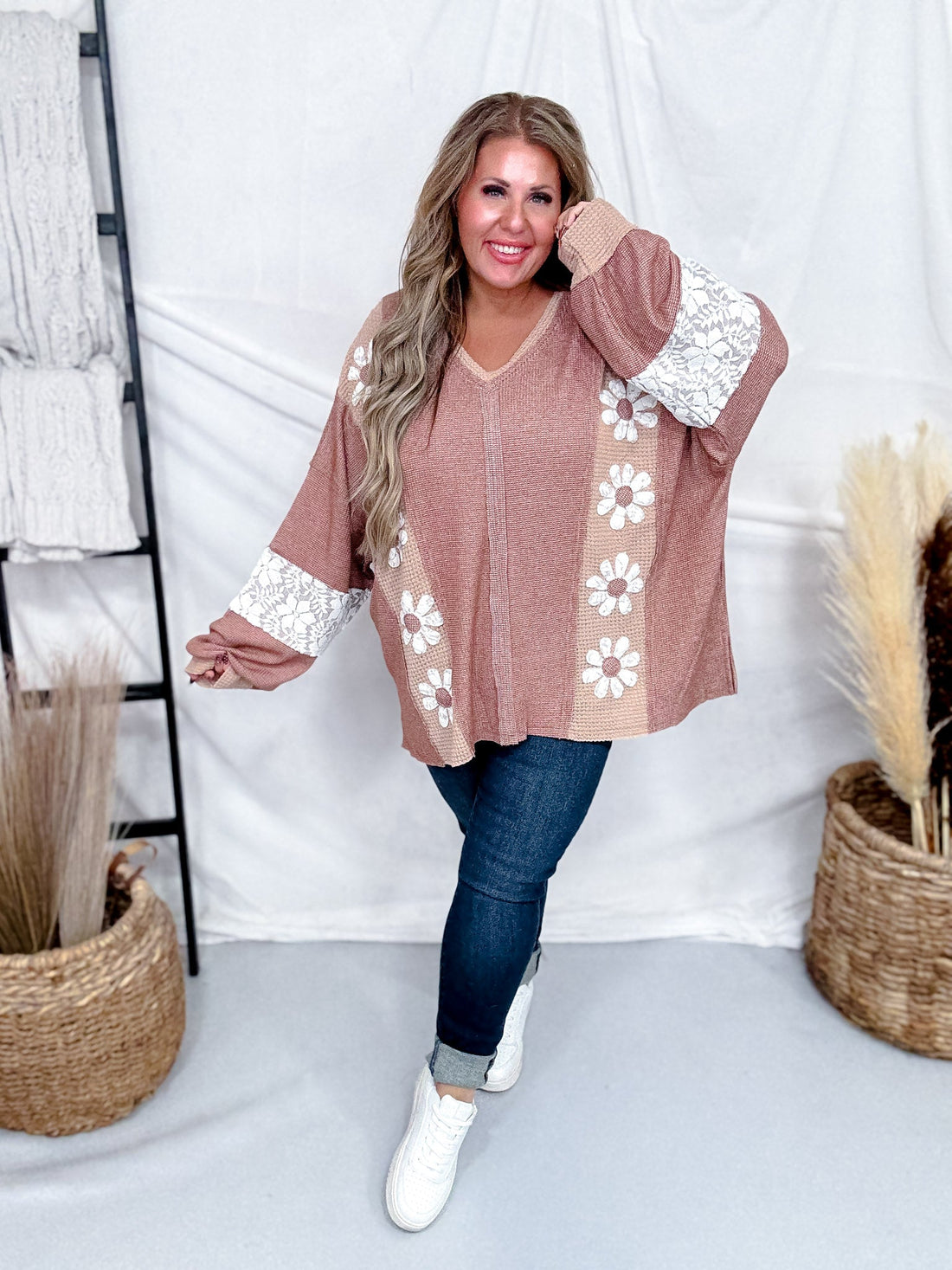 Mocha Waffle Knit Sweatshirt With Floral Lace Panels - Whiskey Skies - DAVI & DANI