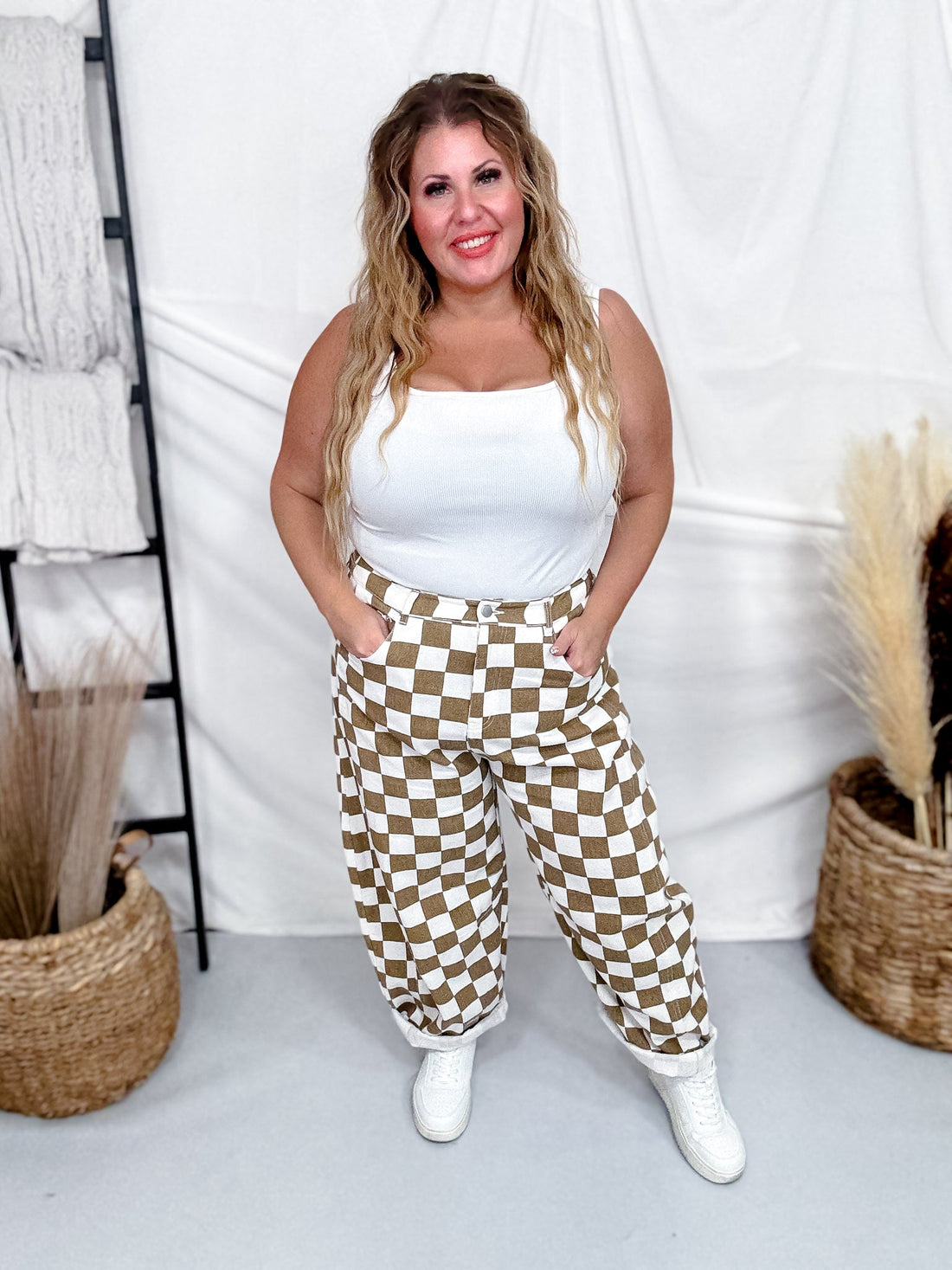 Mocha & White Checkered Barrel Leg Pants - Whiskey Skies - ODDI