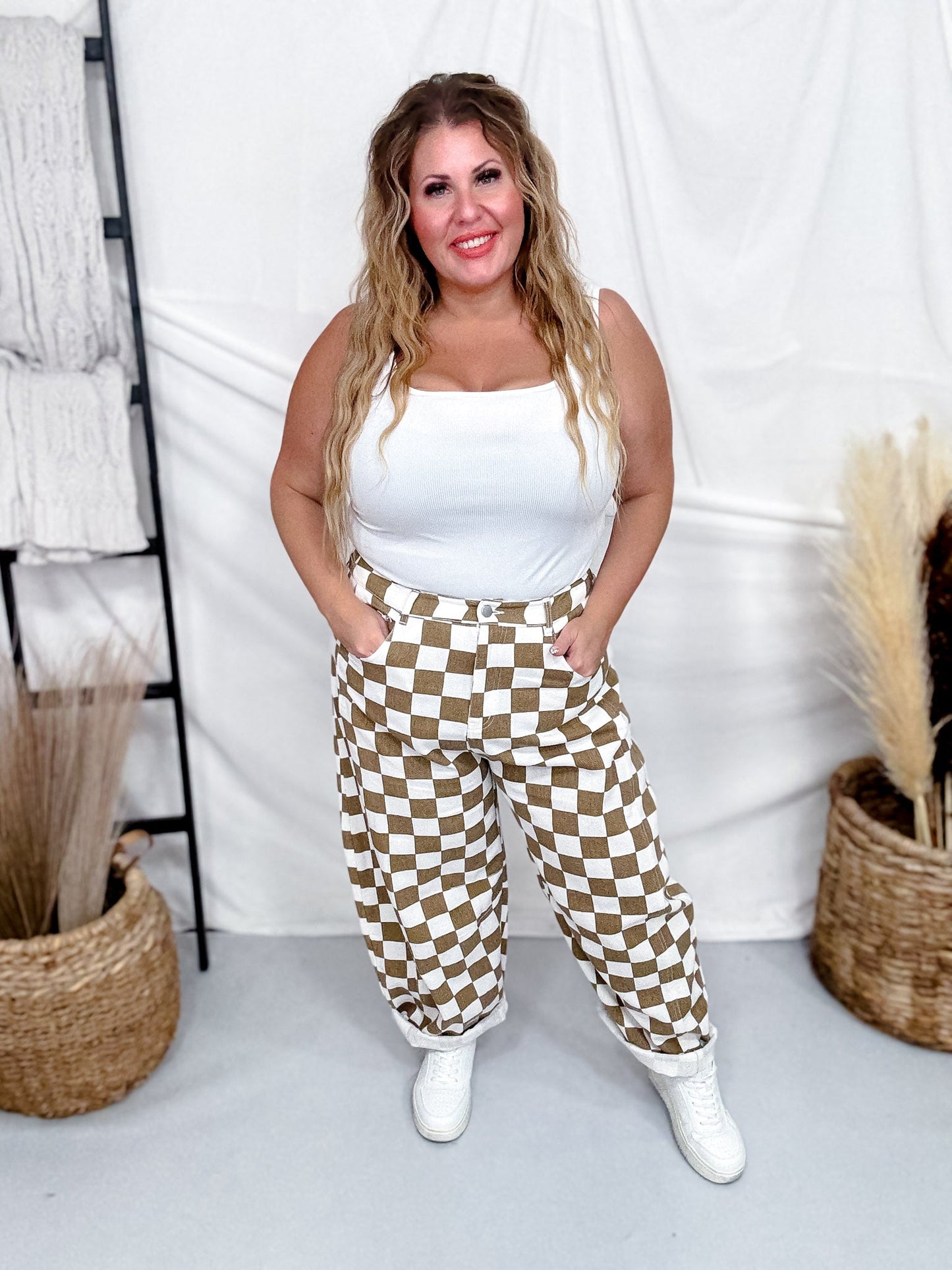 Mocha & White Checkered Barrel Leg Pants - Whiskey Skies - ODDI