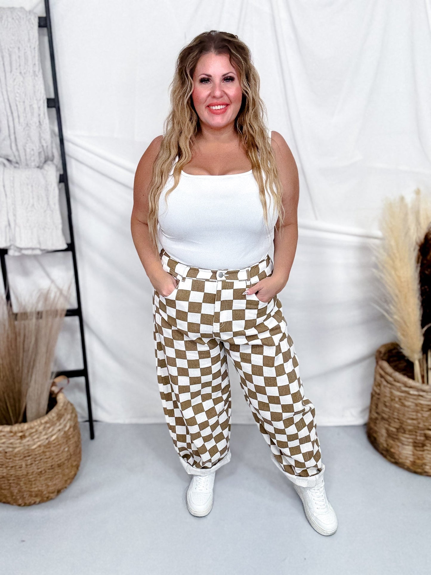 Mocha & White Checkered Barrel Leg Pants - Whiskey Skies - ODDI