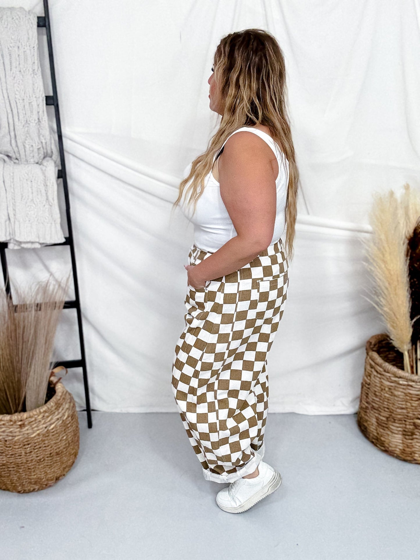 Mocha & White Checkered Barrel Leg Pants - Whiskey Skies - ODDI