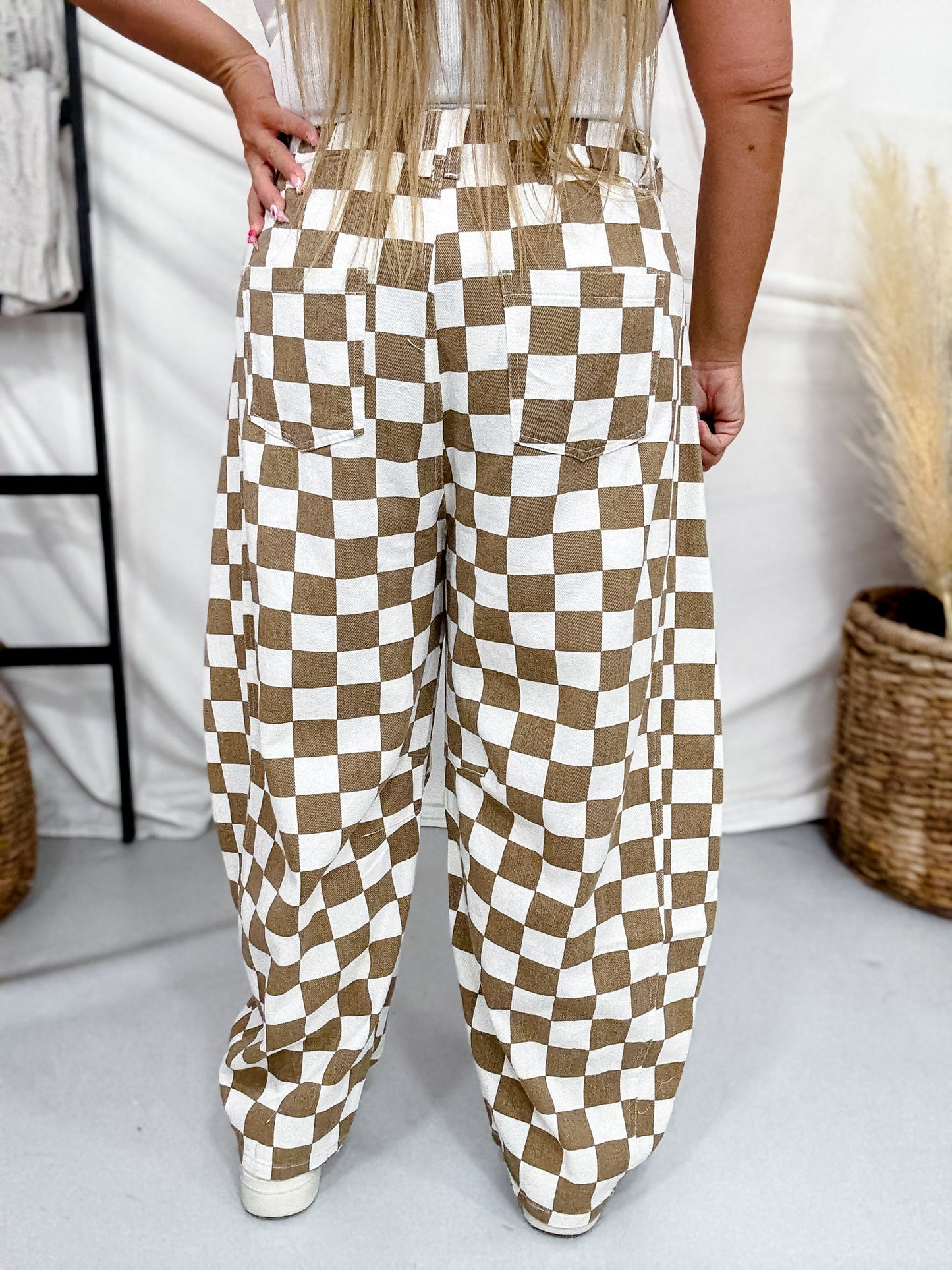 Mocha & White Checkered Barrel Leg Pants - Whiskey Skies - ODDI