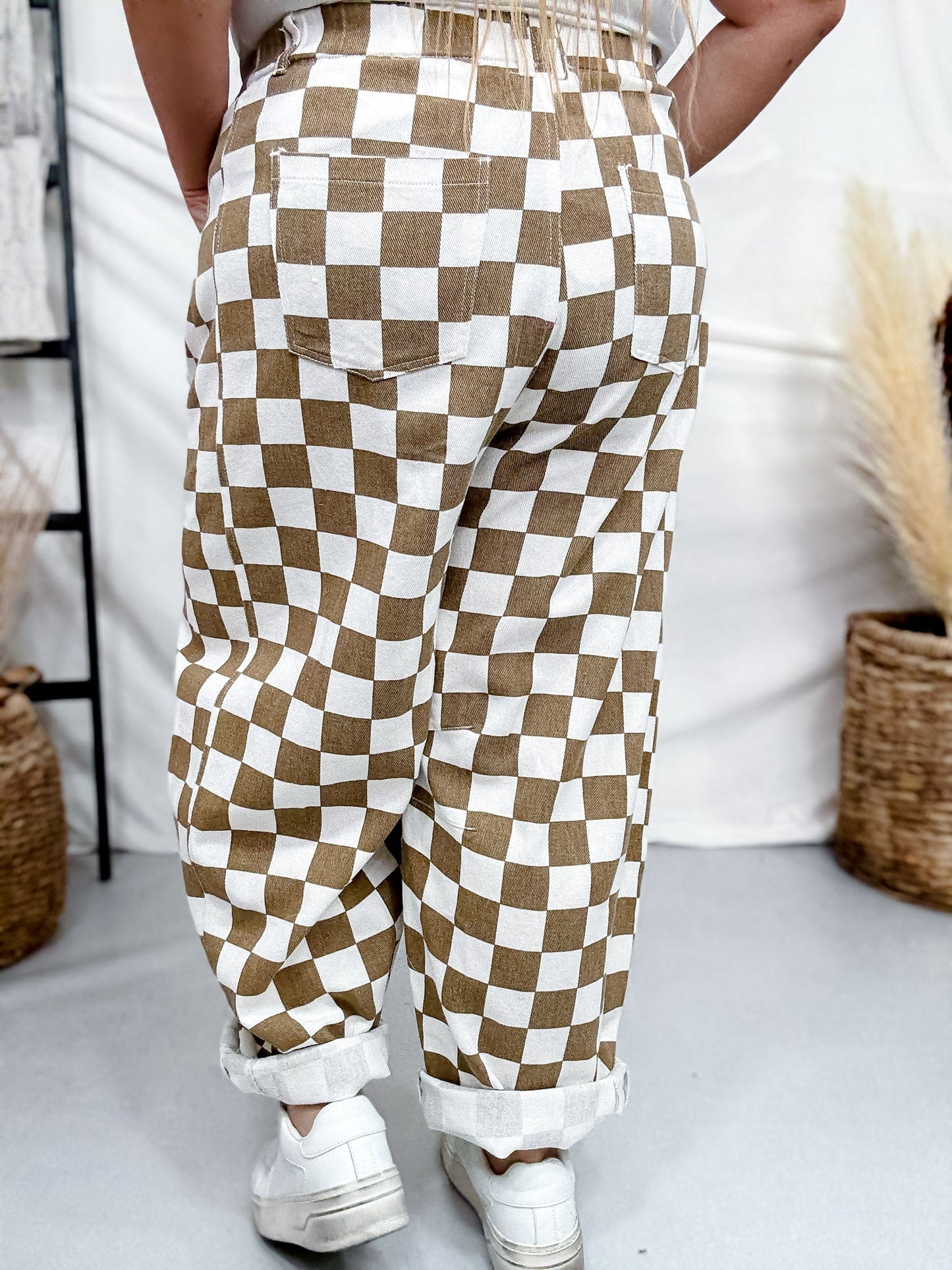 Mocha & White Checkered Barrel Leg Pants - Whiskey Skies - ODDI
