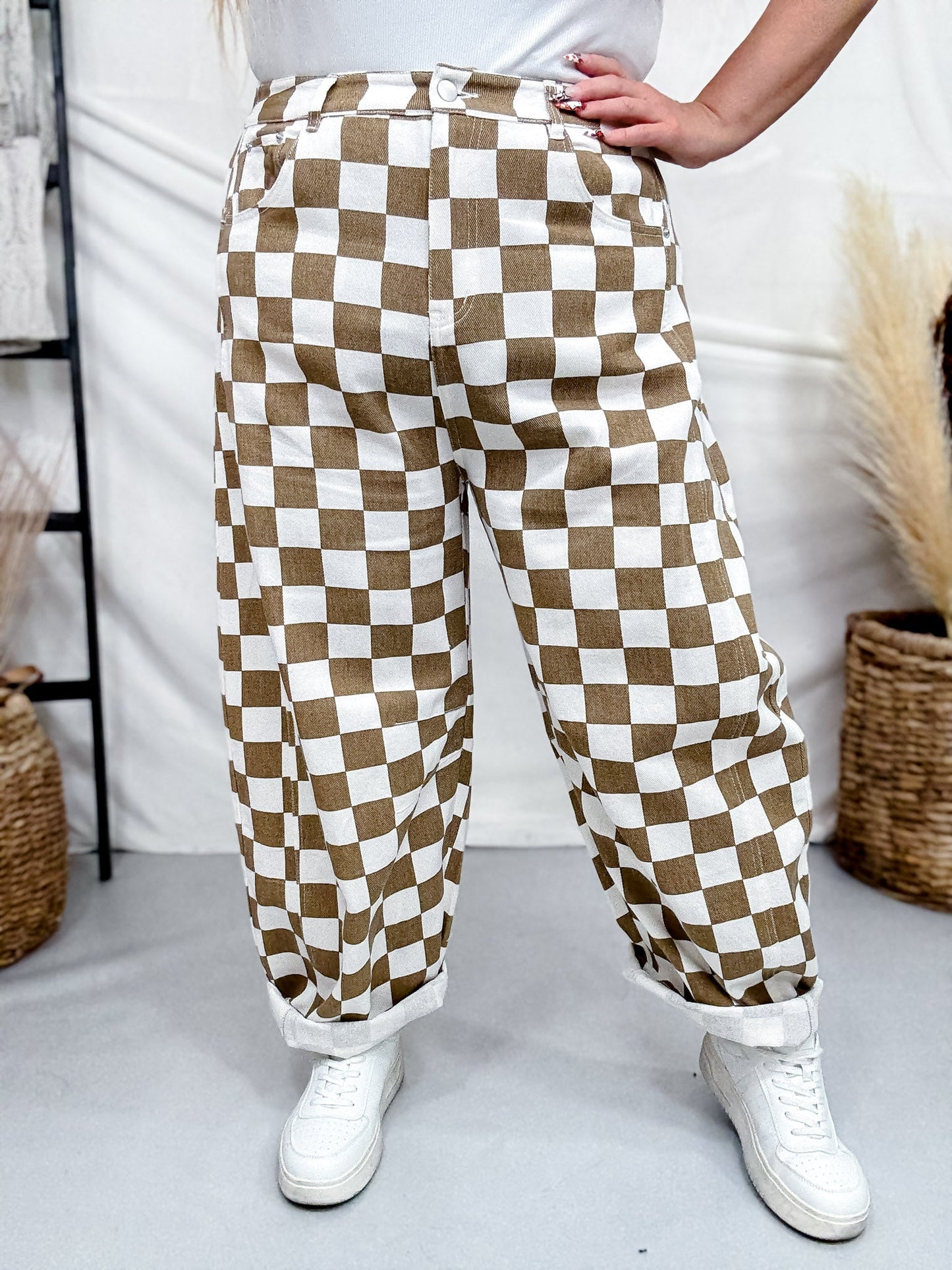 Mocha & White Checkered Barrel Leg Pants - Whiskey Skies - ODDI