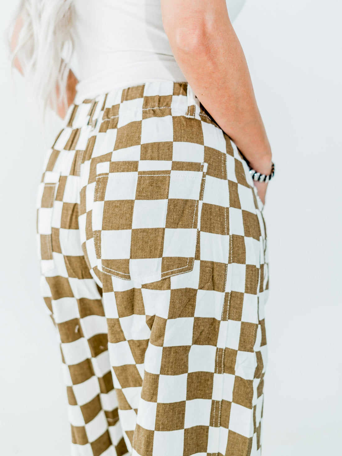 Mocha & White Checkered Barrel Leg Pants - Whiskey Skies - ODDI