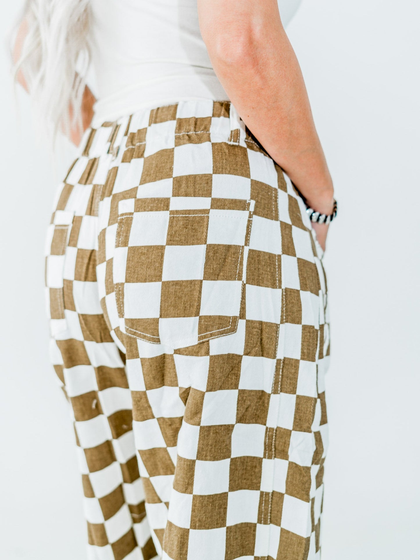 Mocha & White Checkered Barrel Leg Pants - Whiskey Skies - ODDI