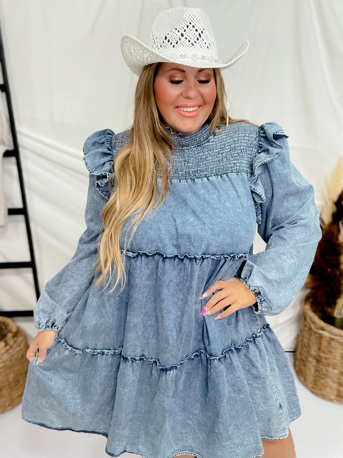 Mock Neck Tiered Ruffle Denim Mini Dress - Whiskey Skies - ODDI