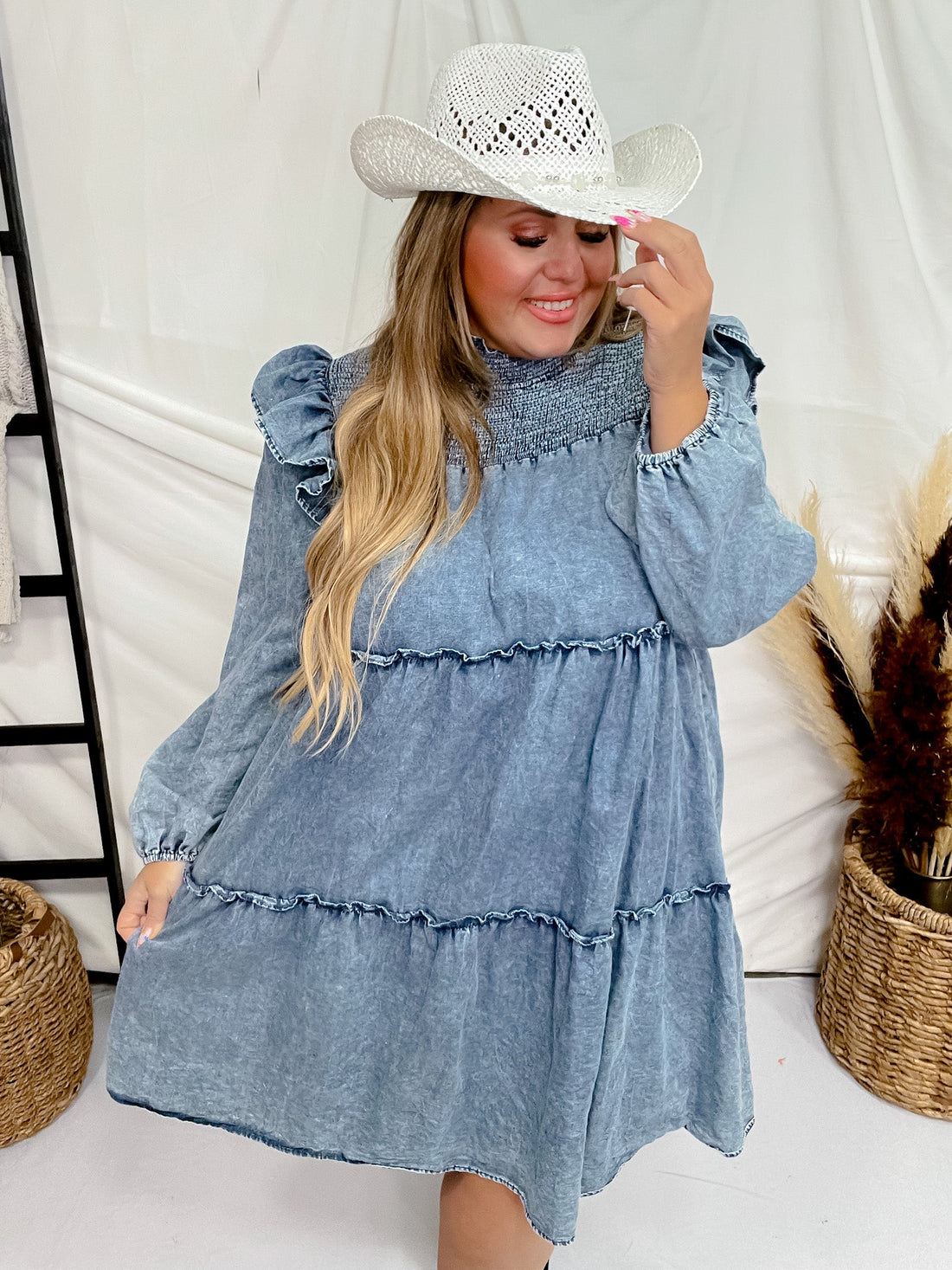 Mock Neck Tiered Ruffle Denim Mini Dress - Whiskey Skies - ODDI