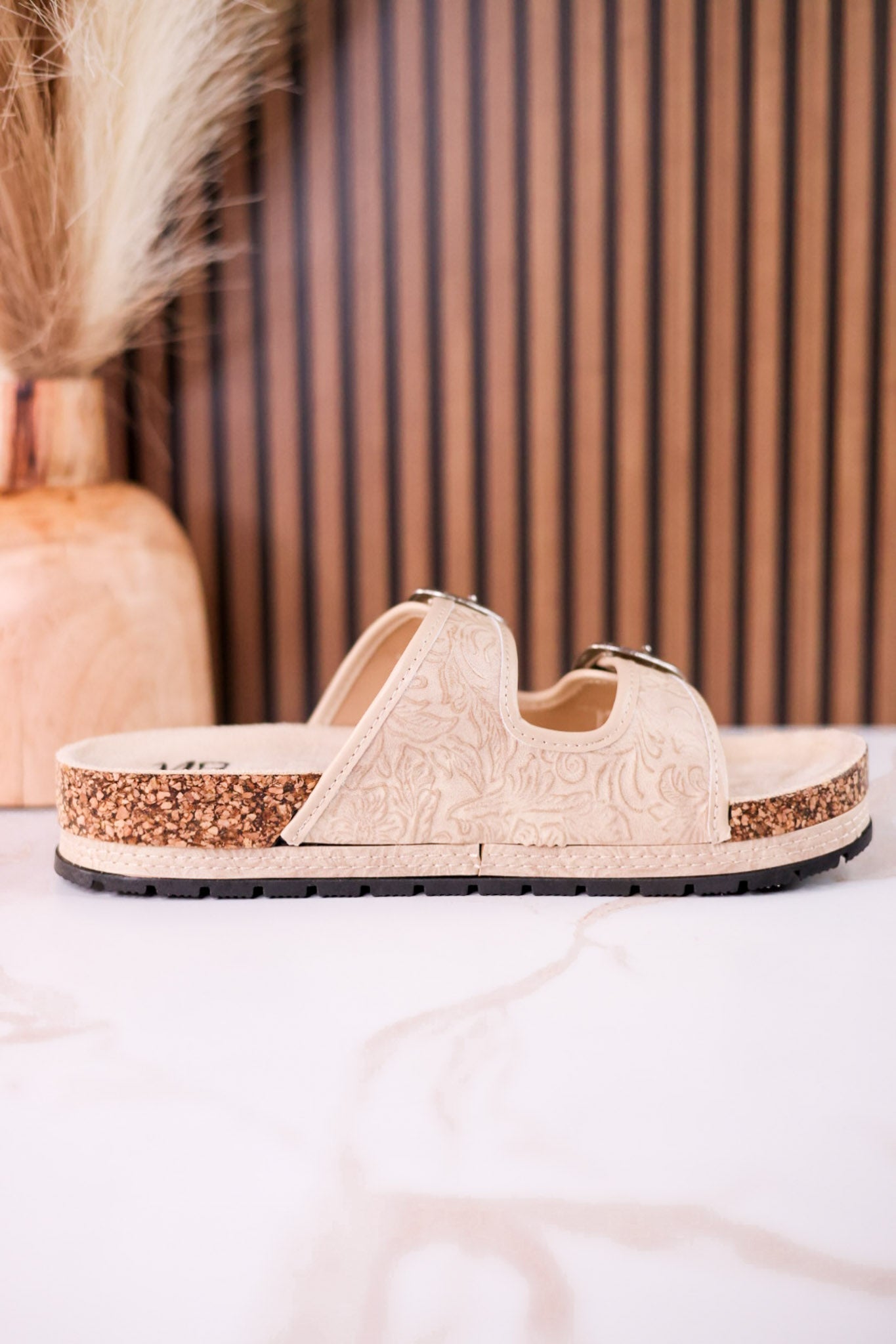 "Morgana" Dual Strap Tooled Faux Leather Sandals In Cream - Whiskey Skies - NAUGHTY MONKEY
