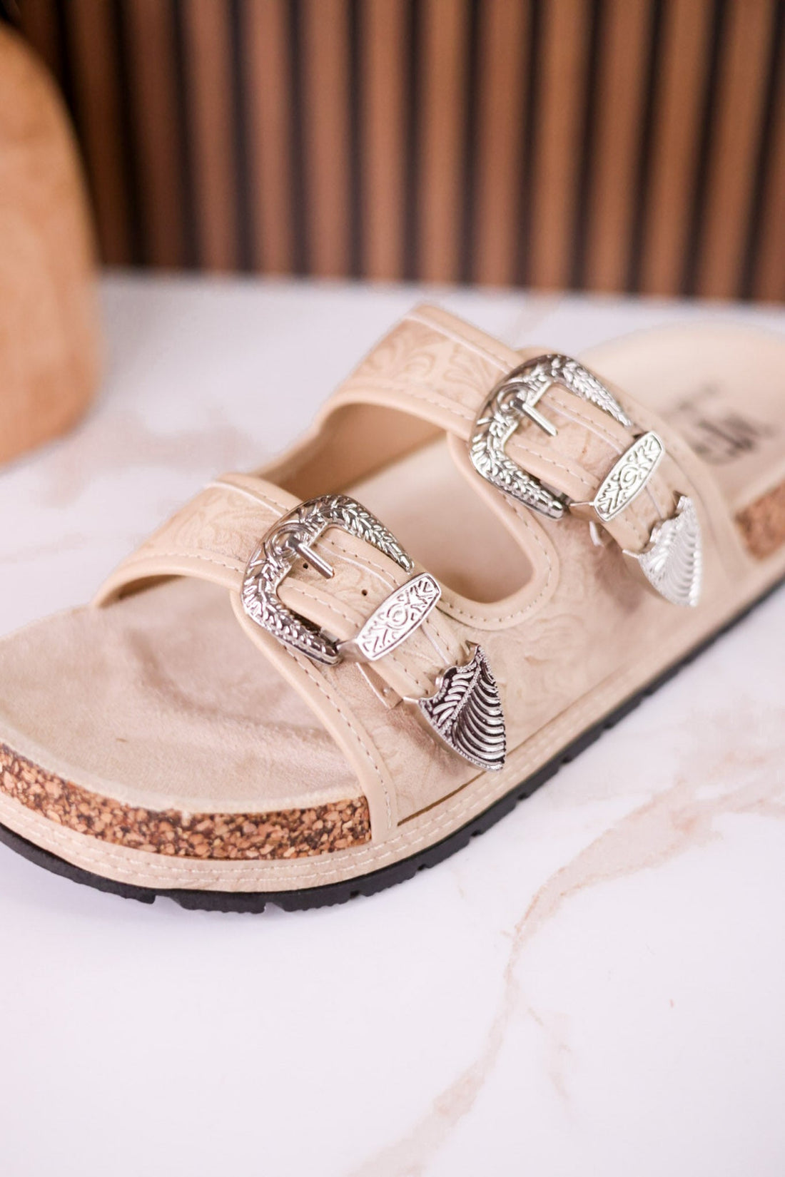 "Morgana" Dual Strap Tooled Faux Leather Sandals In Cream - Whiskey Skies - NAUGHTY MONKEY