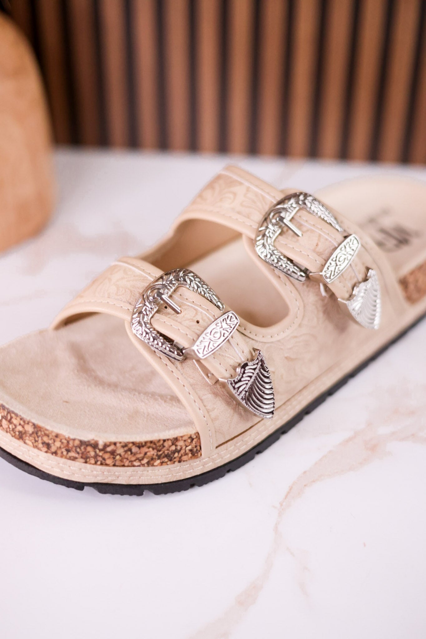 "Morgana" Dual Strap Tooled Faux Leather Sandals In Cream - Whiskey Skies - NAUGHTY MONKEY