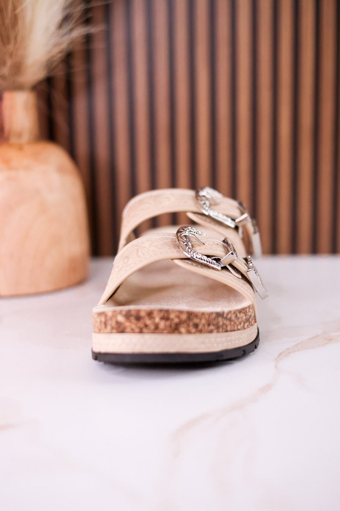 "Morgana" Dual Strap Tooled Faux Leather Sandals In Cream - Whiskey Skies - NAUGHTY MONKEY