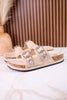 "Morgana" Dual Strap Tooled Faux Leather Sandals In Cream - Whiskey Skies - NAUGHTY MONKEY