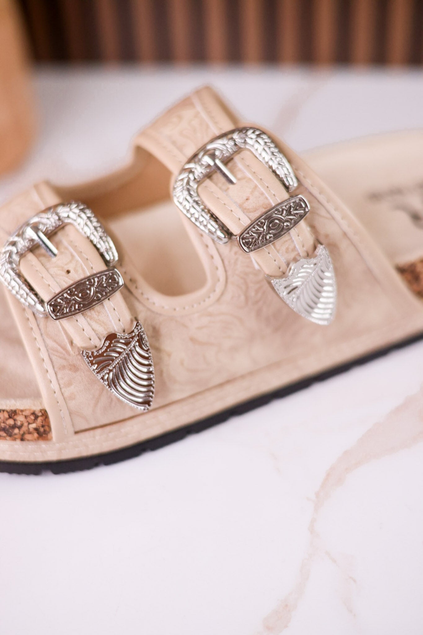 "Morgana" Dual Strap Tooled Faux Leather Sandals In Cream - Whiskey Skies - NAUGHTY MONKEY