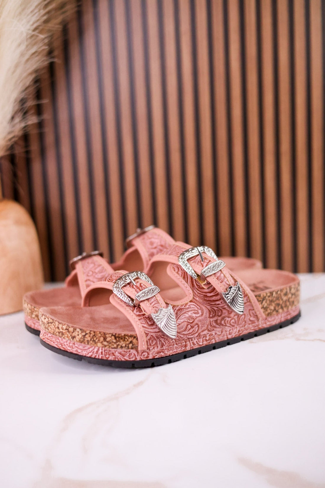 "Morgana" Dual Strap Tooled Faux Leather Sandals In Pink - Whiskey Skies - NAUGHTY MONKEY