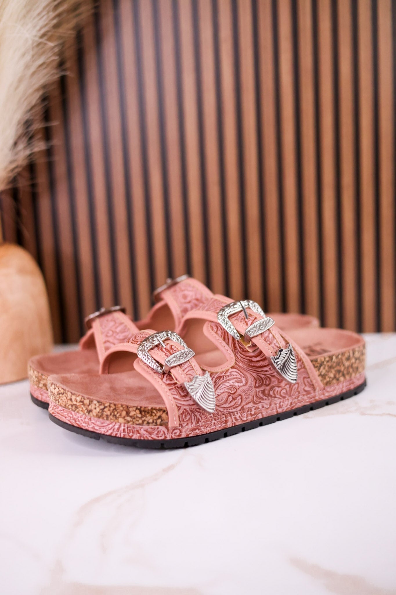 "Morgana" Dual Strap Tooled Faux Leather Sandals In Pink - Whiskey Skies - NAUGHTY MONKEY