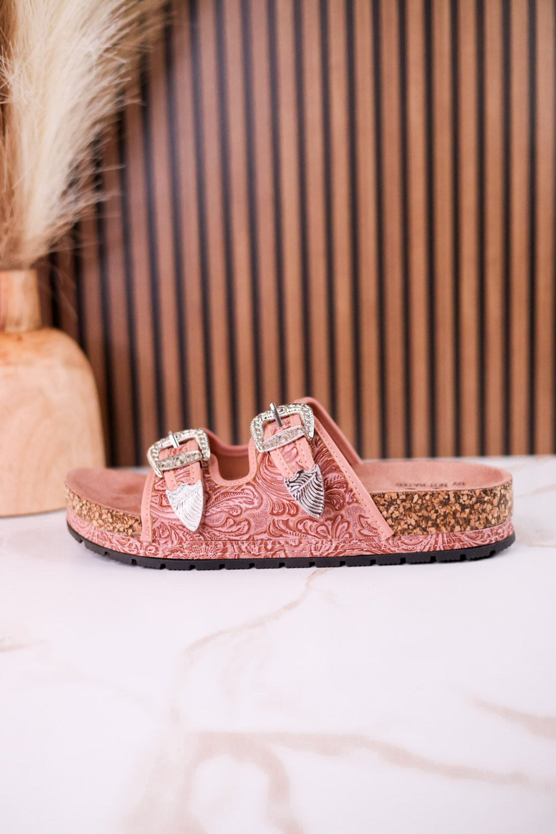 "Morgana" Dual Strap Tooled Faux Leather Sandals In Pink - Whiskey Skies - NAUGHTY MONKEY