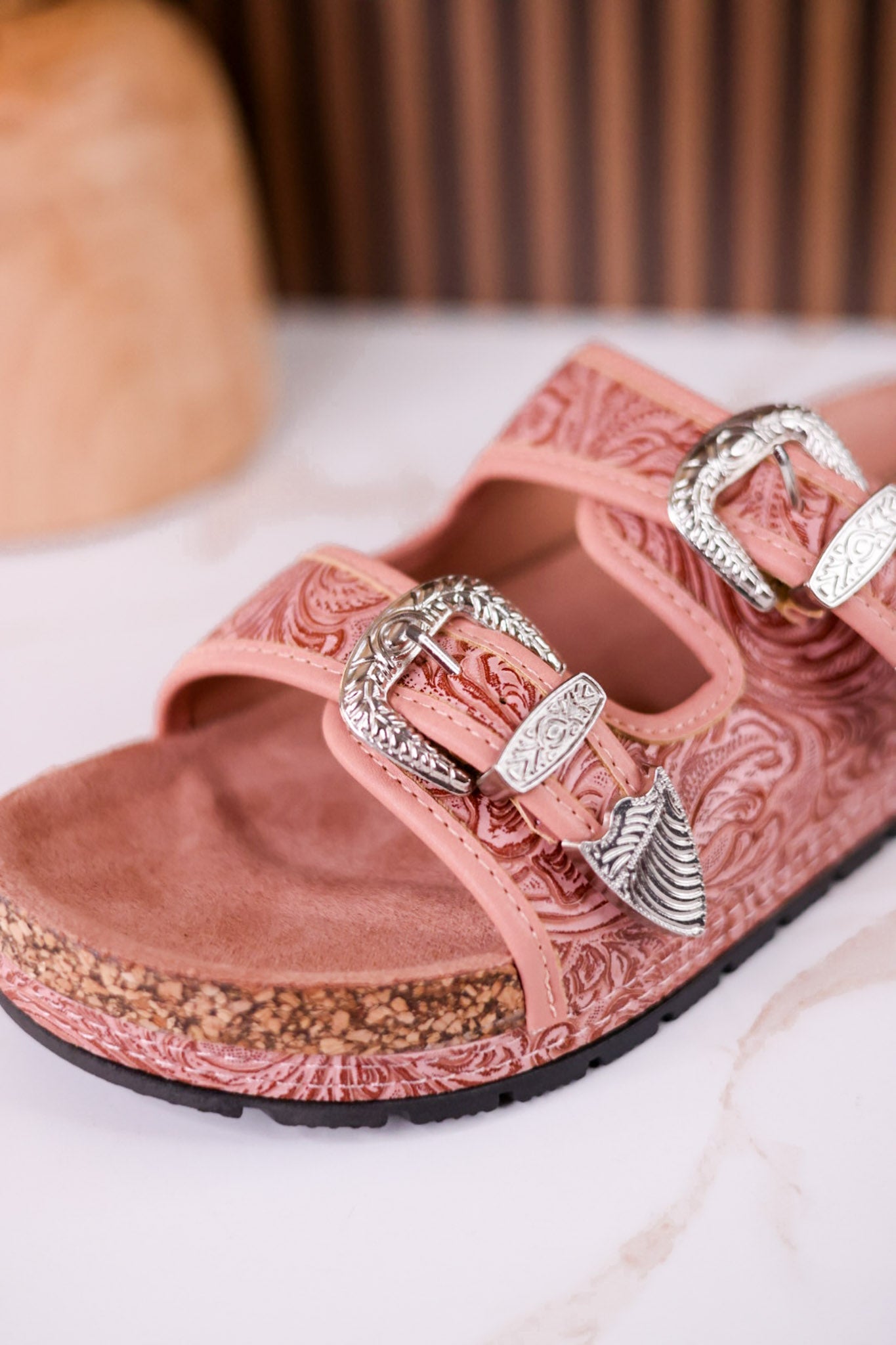 "Morgana" Dual Strap Tooled Faux Leather Sandals In Pink - Whiskey Skies - NAUGHTY MONKEY