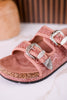 "Morgana" Dual Strap Tooled Faux Leather Sandals In Pink - Whiskey Skies - NAUGHTY MONKEY
