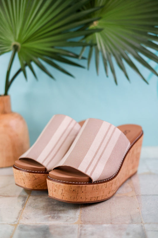 Mugshot Tan and White Striped Wedge Sandals - Whiskey Skies - CORKYS FOOTWEAR