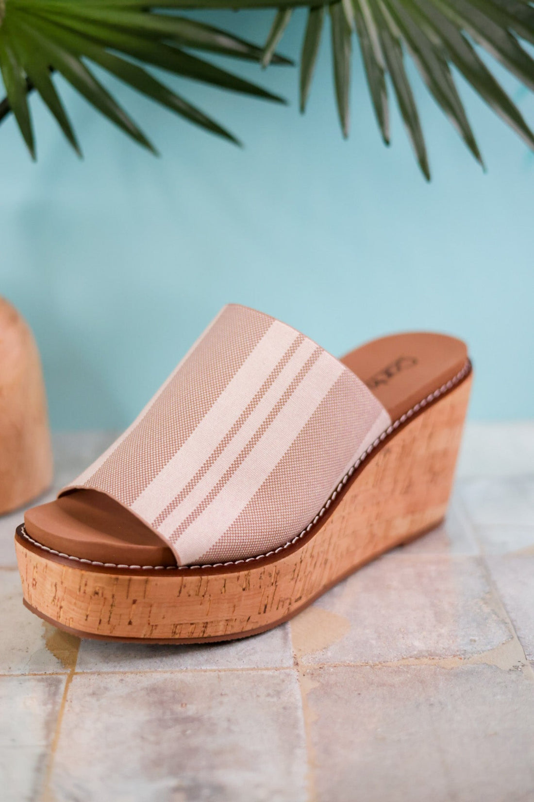 Mugshot Tan and White Striped Wedge Sandals - Whiskey Skies - CORKYS FOOTWEAR