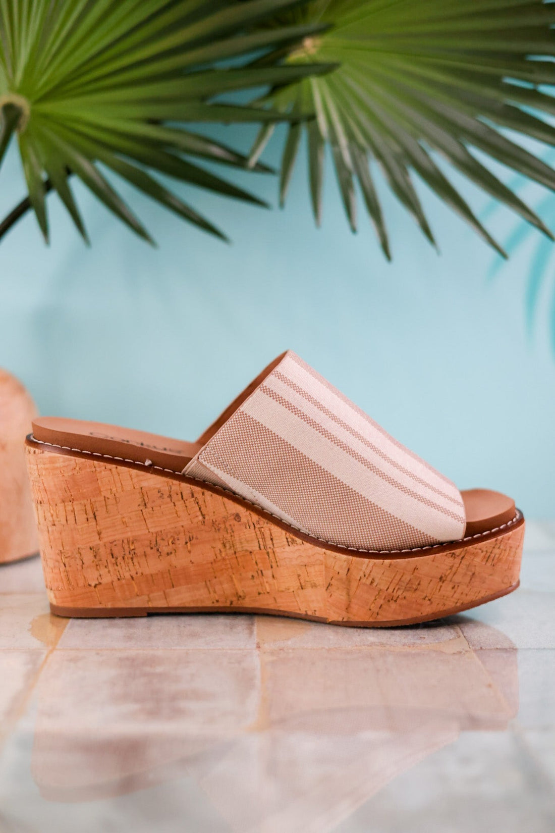 Mugshot Tan and White Striped Wedge Sandals - Whiskey Skies - CORKYS FOOTWEAR