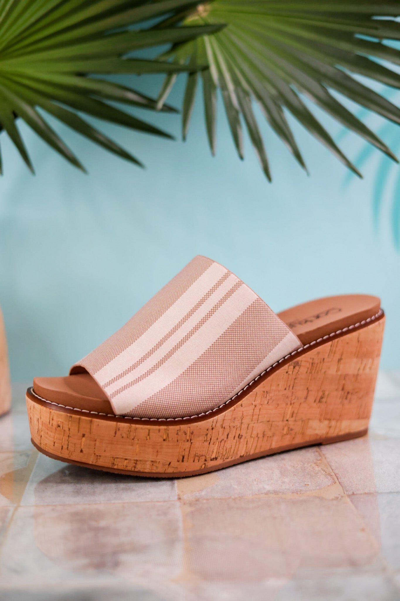 Mugshot Tan and White Striped Wedge Sandals - Whiskey Skies - CORKYS FOOTWEAR