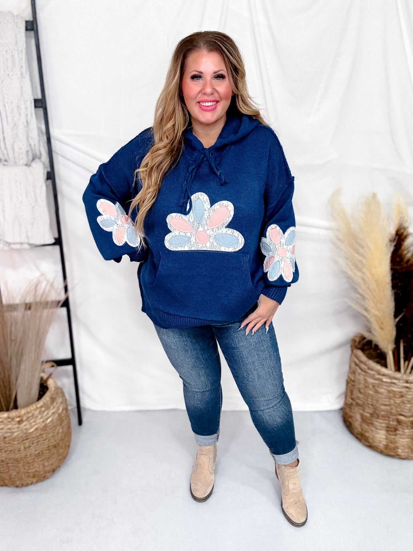 Multi Color Floral Patch Teal Sweater Hoodie - Whiskey Skies - DAVI & DANI