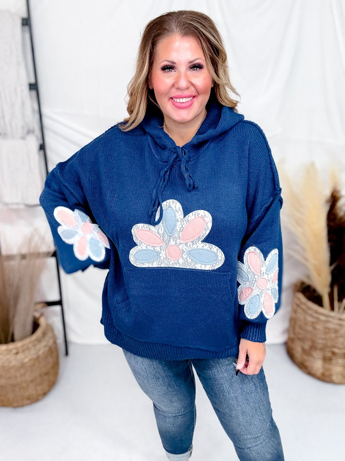 Multi Color Floral Patch Teal Sweater Hoodie - Whiskey Skies - DAVI & DANI
