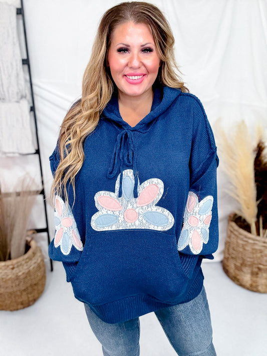 Multi Color Floral Patch Teal Sweater Hoodie - Whiskey Skies - DAVI & DANI