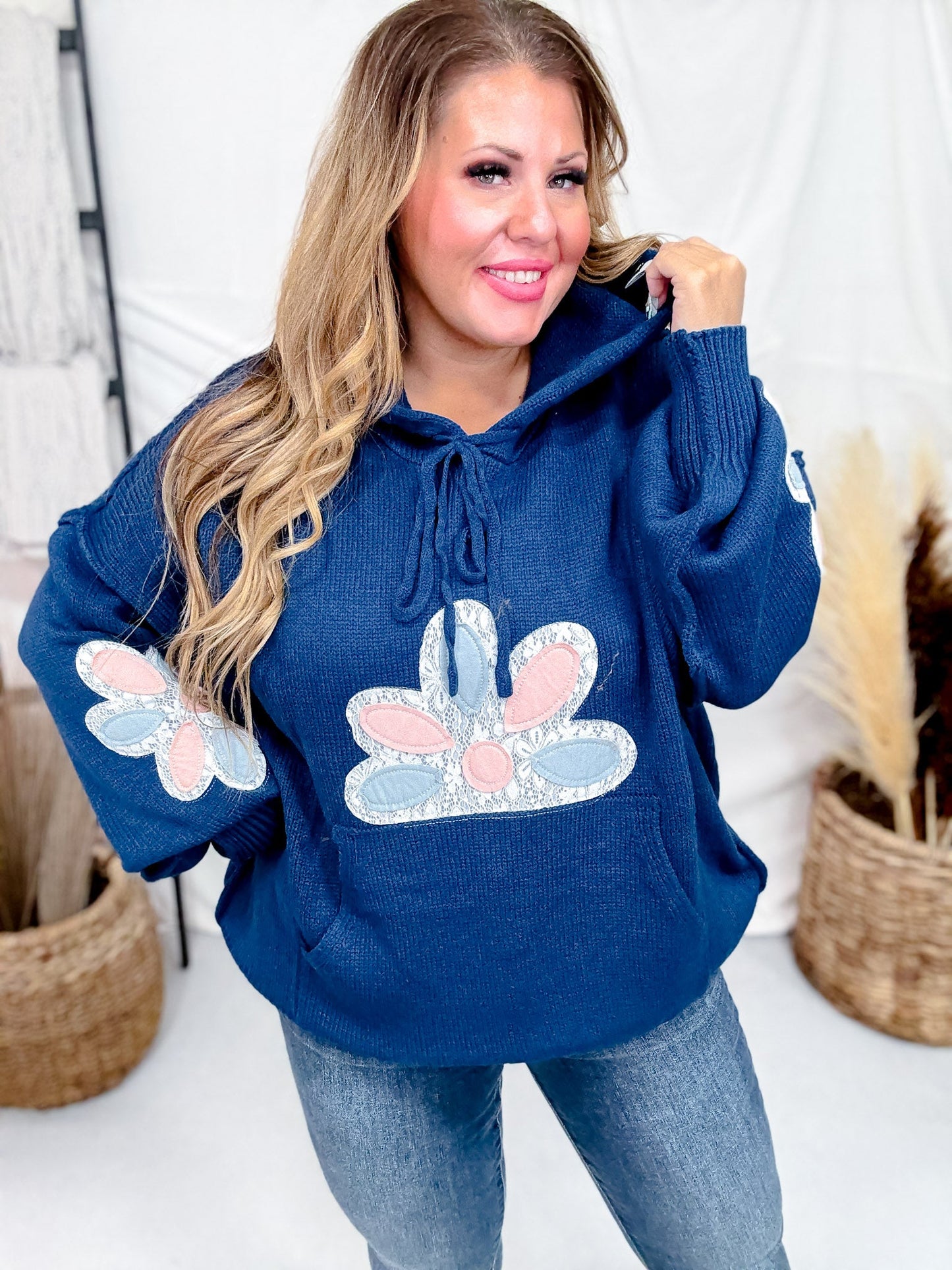 Multi Color Floral Patch Teal Sweater Hoodie - Whiskey Skies - DAVI & DANI