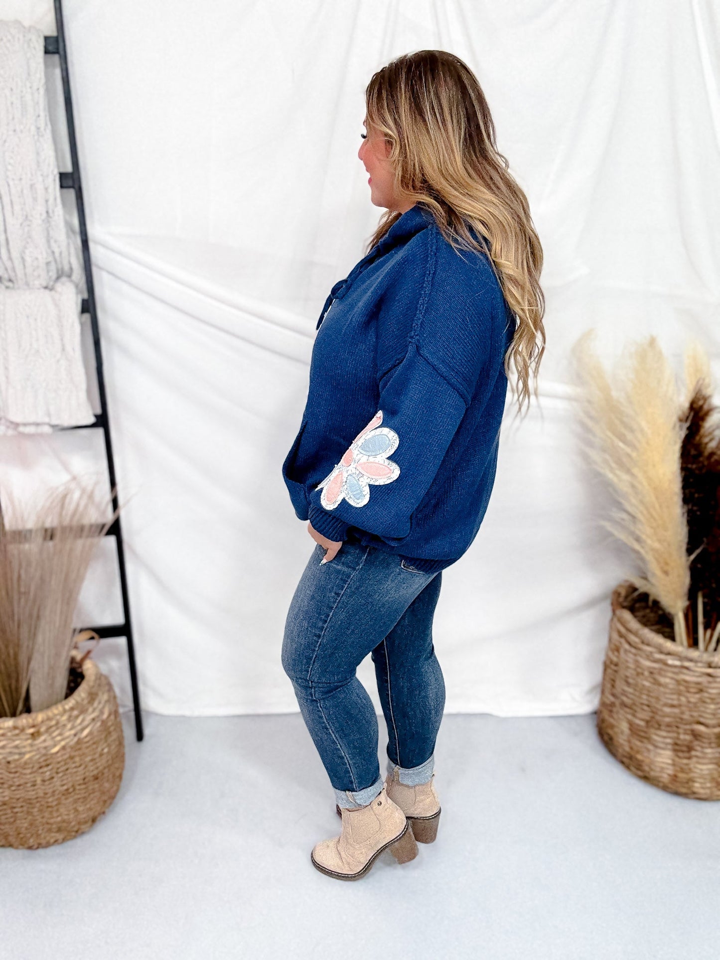 Multi Color Floral Patch Teal Sweater Hoodie - Whiskey Skies - DAVI & DANI