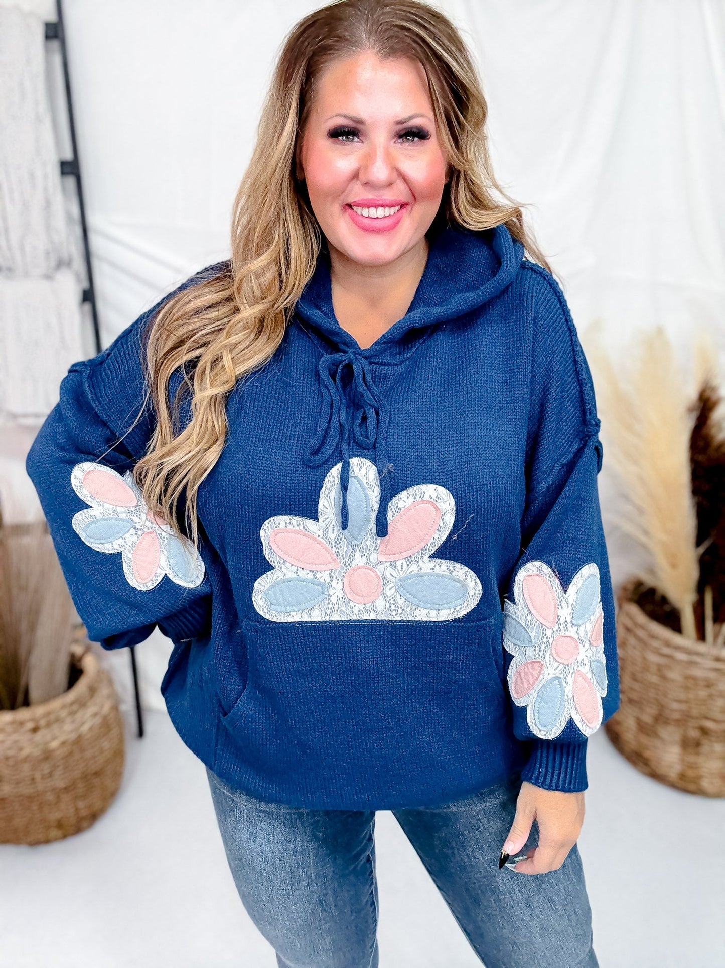 Multi Color Floral Patch Teal Sweater Hoodie - Whiskey Skies - DAVI & DANI