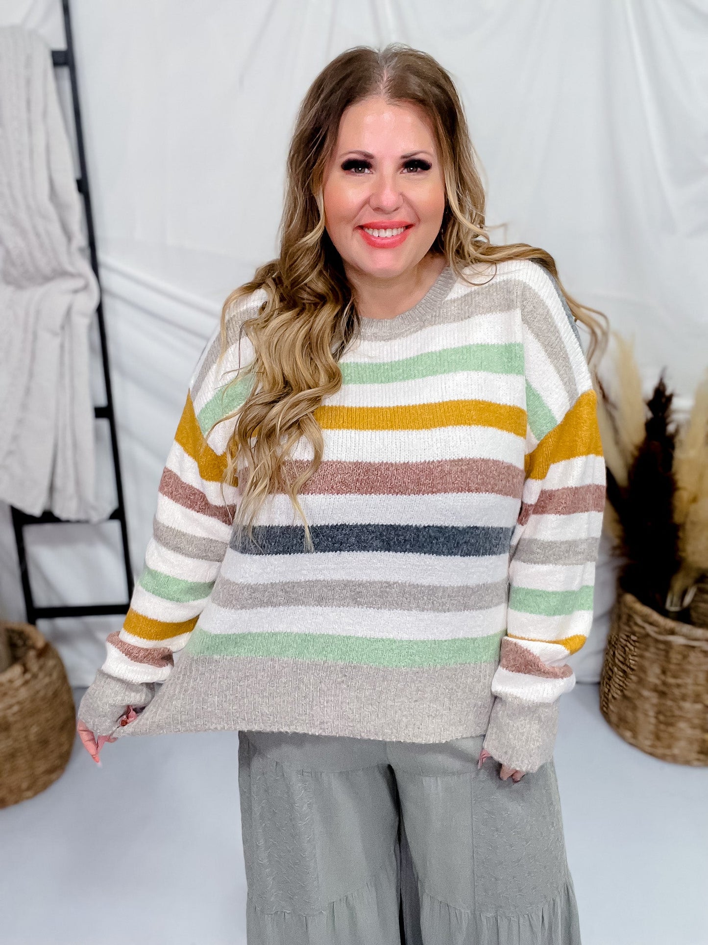 Multi Color Striped Drop Shoulder Sweater - Whiskey Skies - ADORA