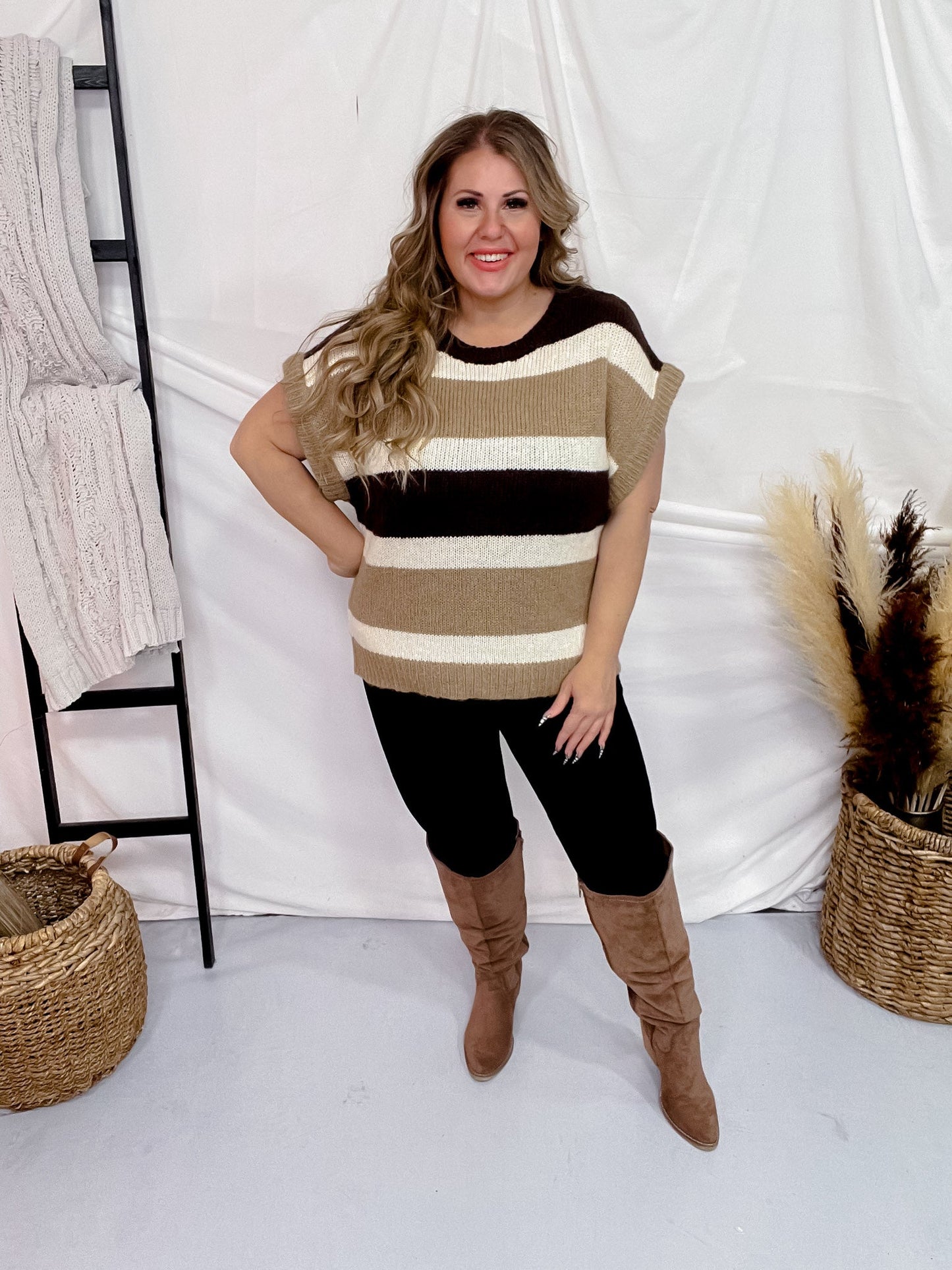 Multi Colored Brown Striped Pattern Knit Short Sleeve Sweater - Whiskey Skies - GEEGEE