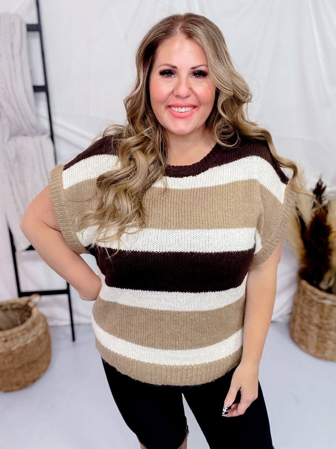 Multi Colored Brown Striped Pattern Knit Short Sleeve Sweater - Whiskey Skies - GEEGEE