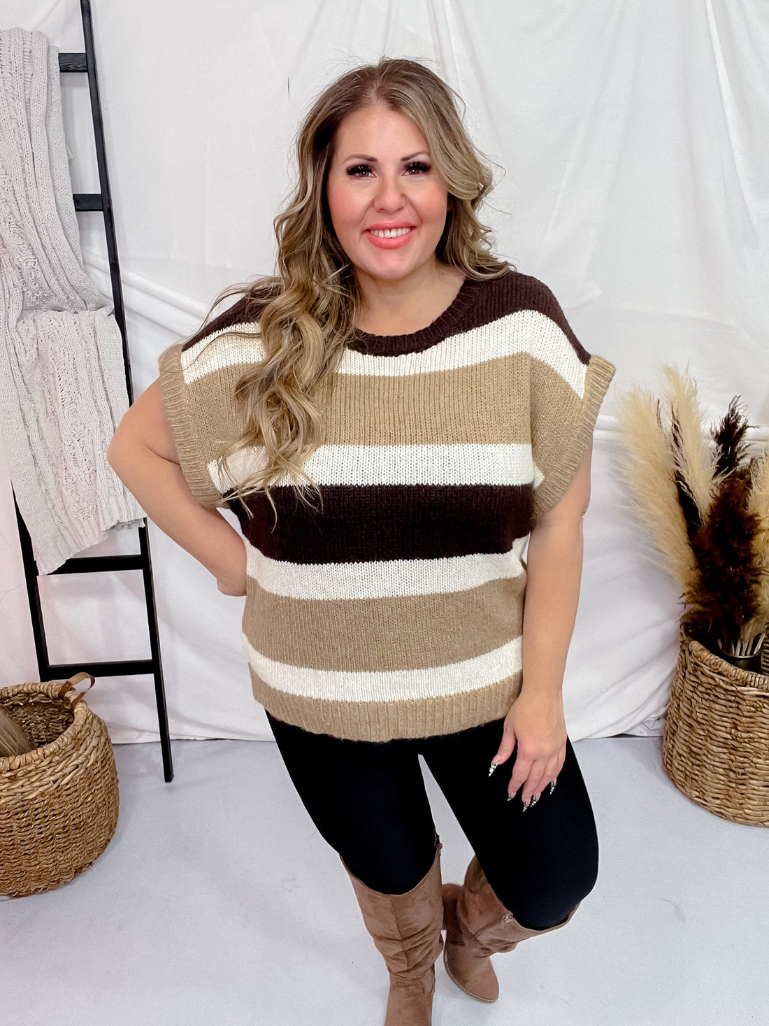 Multi Colored Brown Striped Pattern Knit Short Sleeve Sweater - Whiskey Skies - GEEGEE