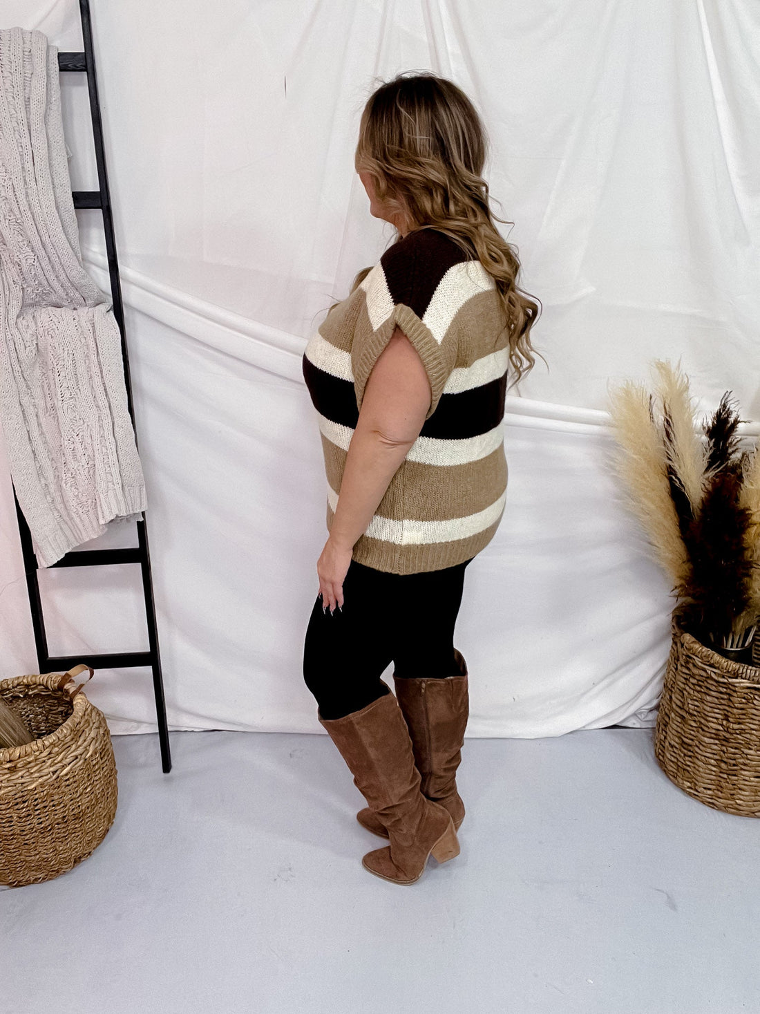 Multi Colored Brown Striped Pattern Knit Short Sleeve Sweater - Whiskey Skies - GEEGEE