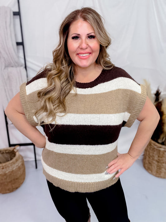 Multi Colored Brown Striped Pattern Knit Short Sleeve Sweater - Whiskey Skies - GEEGEE